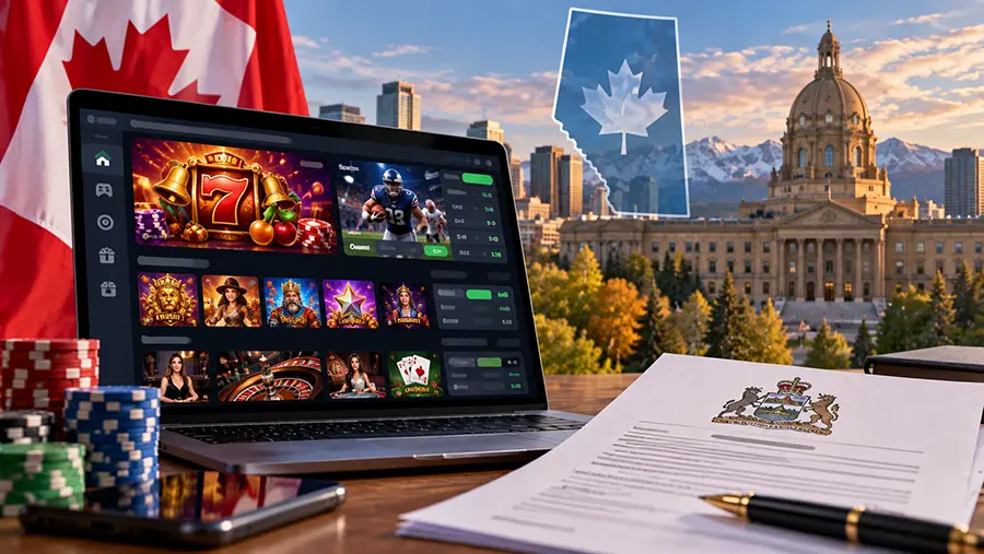 Alberta online gambling regulation with online casino and sportsbook on laptop beside Canadian flag and provincial government building.