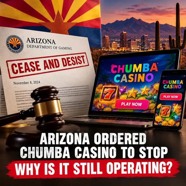 Social media graphic showing an Arizona cease-and-desist notice dated November 8, 2024, alongside Chumba Casino gaming screens, a judge’s gavel and the Arizona state flag. Headline reads: “Arizona Ordered Chumba Casino to Stop. Why Is It Still Operating?”