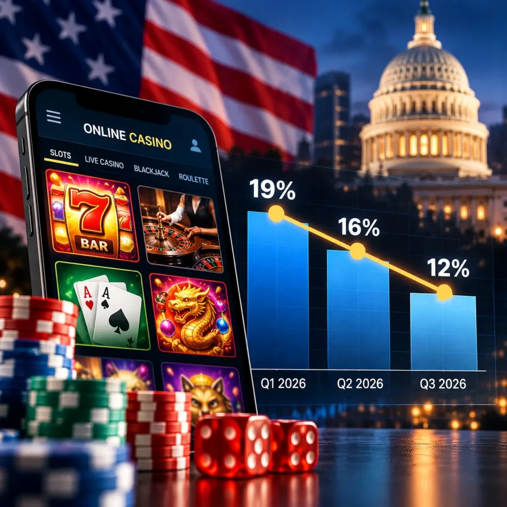 Square graphic showing a smartphone displaying online casino games beside a chart illustrating slowing US online casino revenue growth, from 19% in Q1 2026 to 16% in Q2 and 12% in Q3. An American flag and the US Capitol appear in the background.