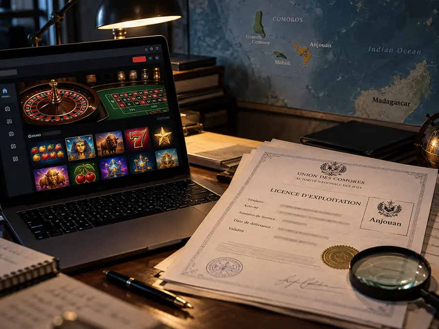 Anjouan offshore casino licensing document beside a laptop displaying online casino games, with a map of the Comoros in the background.