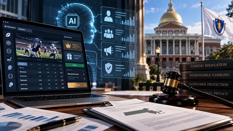 Massachusetts sports betting AI investigation with sportsbook interface, artificial intelligence graphics, state regulatory documents and a legal gavel.