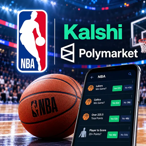 NBA, Kalshi and Polymarket logos displayed above a basketball and smartphone showing basketball prediction markets inside a packed NBA arena.