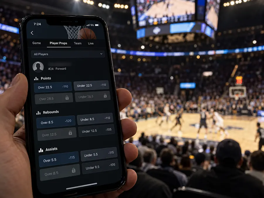 Smartphone displaying restricted NBA player prop betting markets with a professional basketball game in the background.