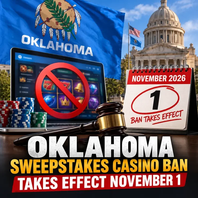 Square news graphic showing the Oklahoma state flag, State Capitol, a laptop displaying casino slot games with a red prohibition symbol, poker chips and a judge’s gavel. A calendar highlights November 1, 2026, with the headline “Oklahoma Sweepstakes Casino Ban Takes Effect November 1.”