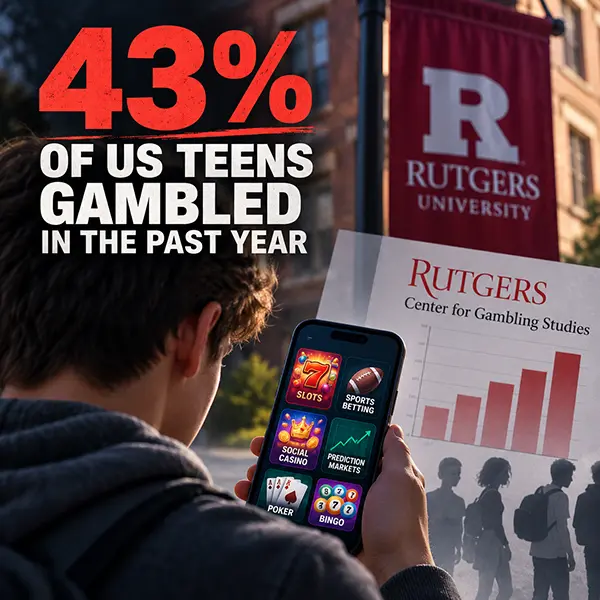 Editorial graphic illustrating a Rutgers University study finding that 43% of US teens gambled in the past year. A teenager holds a smartphone displaying slots, sports betting, social casino games, prediction markets, poker and bingo, with Rutgers branding and research graphics in the background.